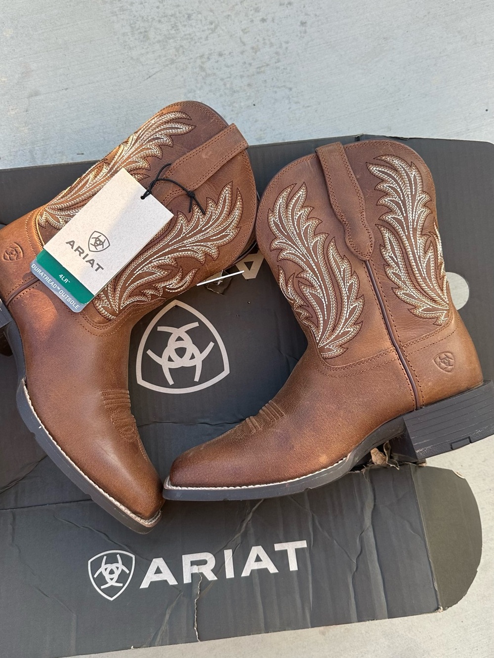 Ariat Brown Leather Western Pull-On Ankle Boots with Cream Stitching